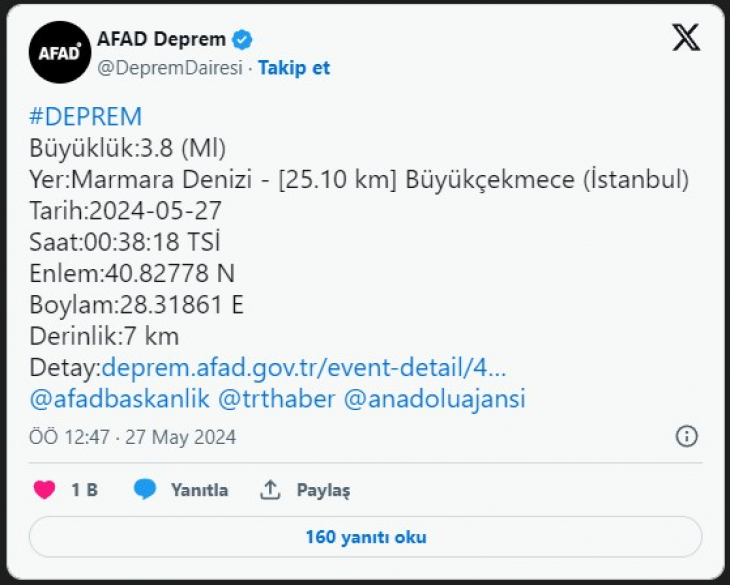 AFAD açıkladı: İstanbul'da tedirgin eden deprem