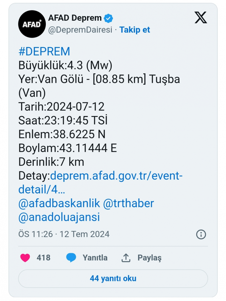 Van Gölü'nde 4.3 büyüklüğünde deprem